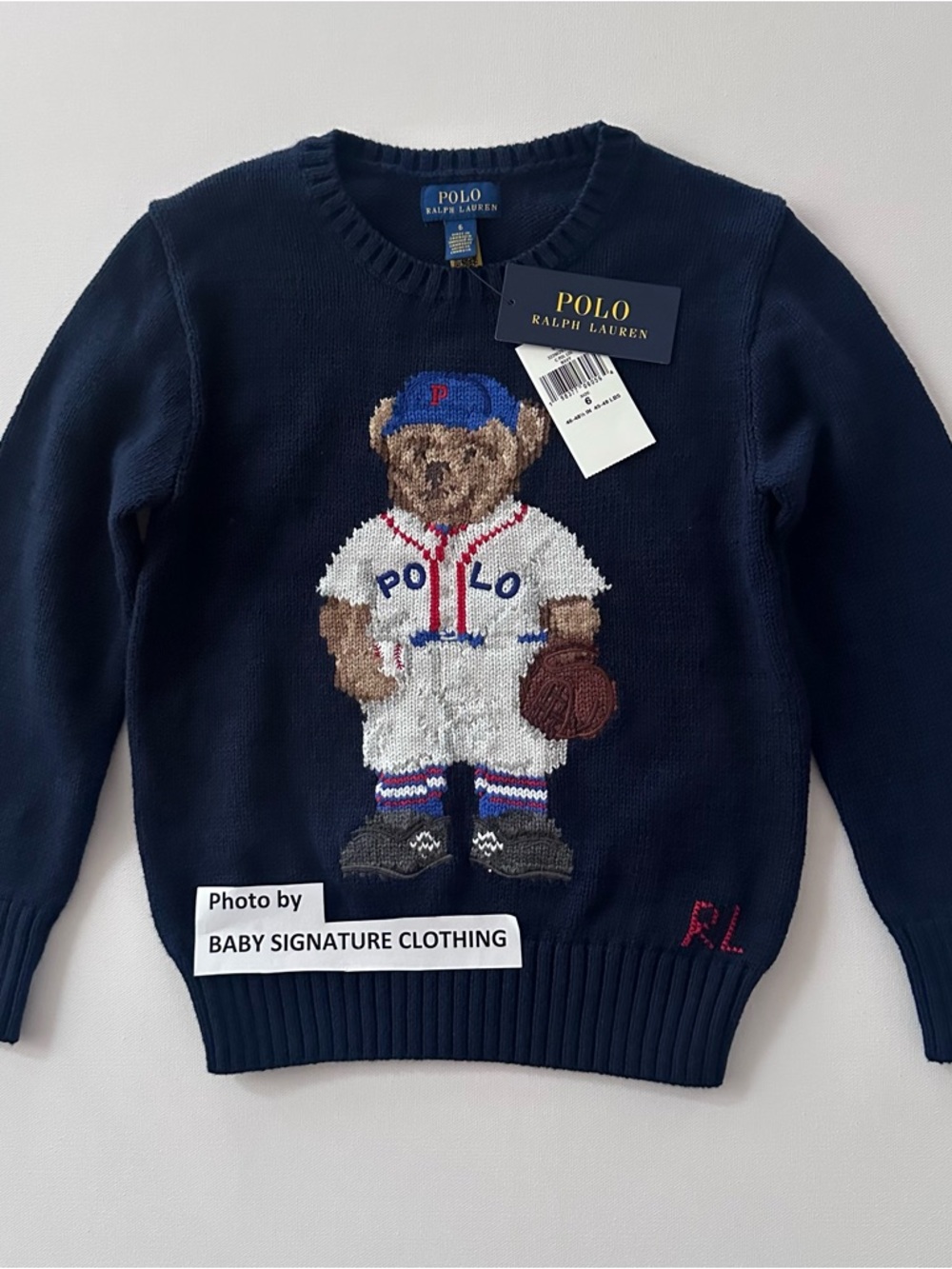 Polo Ralph Lauren Boys 6 Navy Baseball Bear Crewneck Sweater NWT Cotton